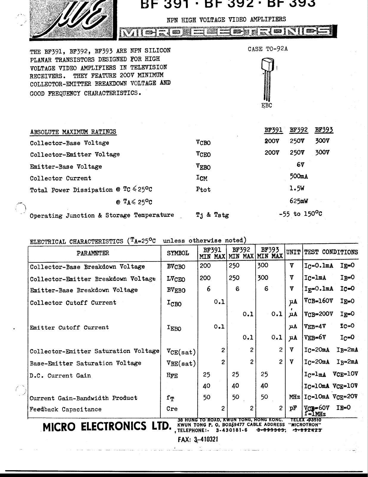 ME BF393, BF392, BF391 Datasheet