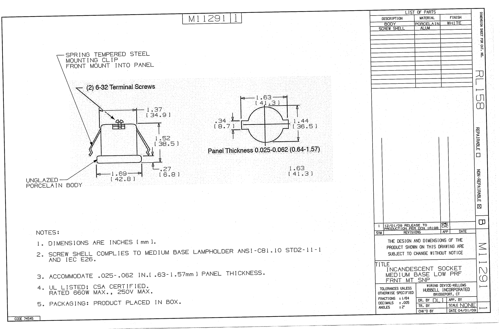 Hubbell RL158 Reference Drawing