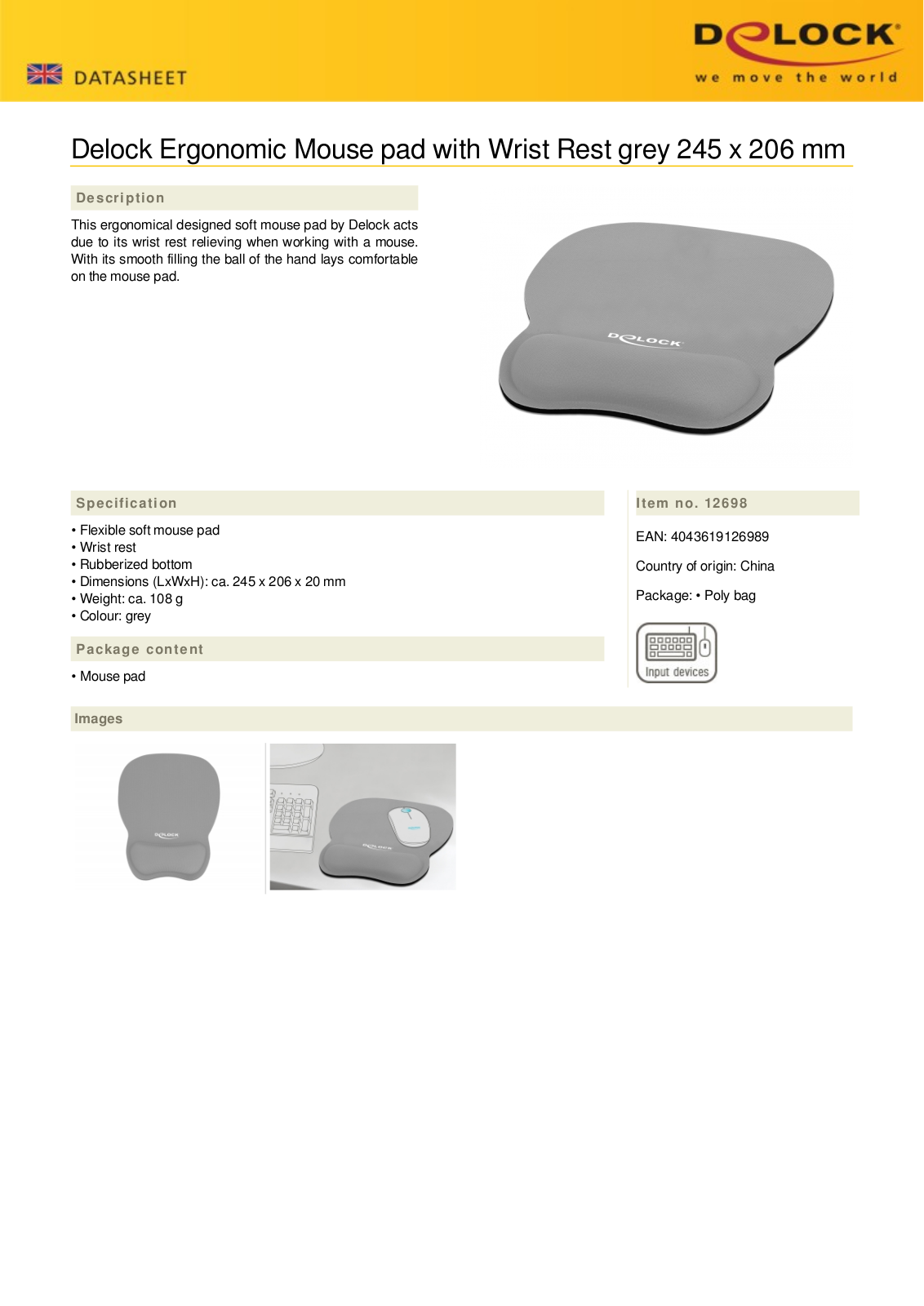 DeLOCK Ergonomisches Mauspad mit Handballenauflage, 245x206mm, grau User Manual