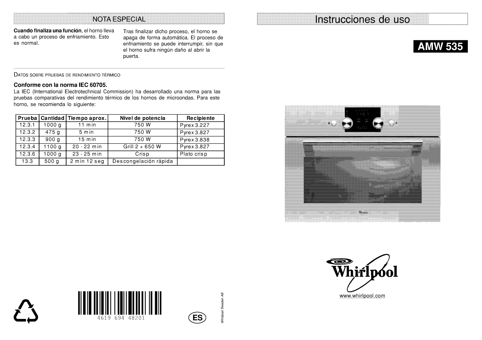 Whirlpool AMW 535 INSTRUCTION FOR USE