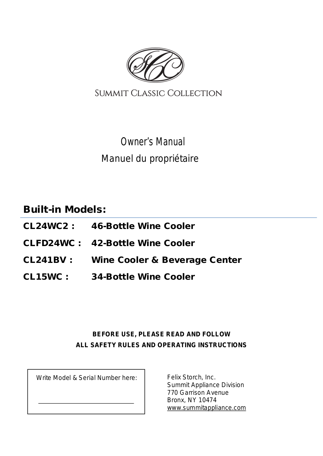 Summit CL24WC2CSS, CL15WCCSS User Manual