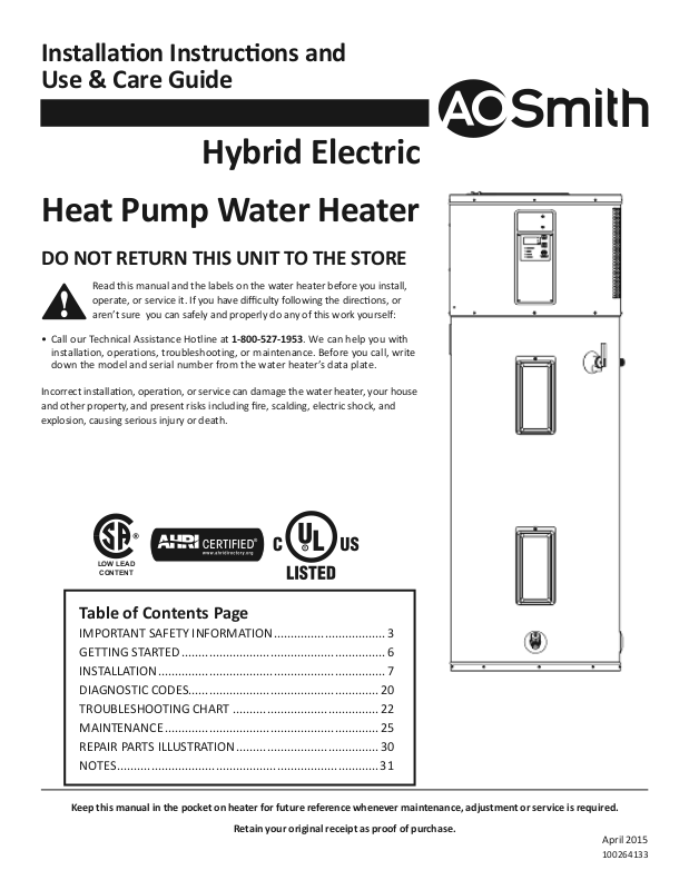 AO Smith FPTU50 Installation Manual