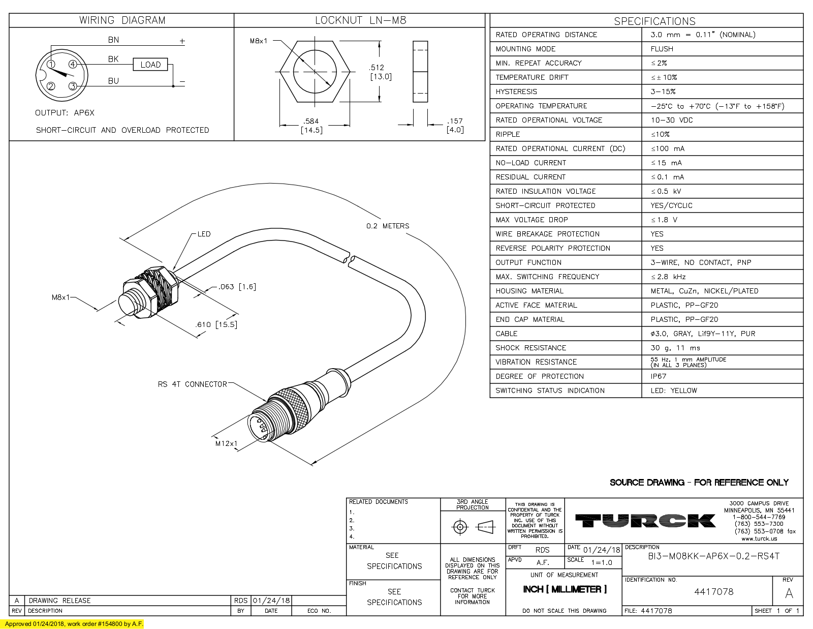 Turck BI3-M08KK-AP6X-0.2-RS4T Data Sheet