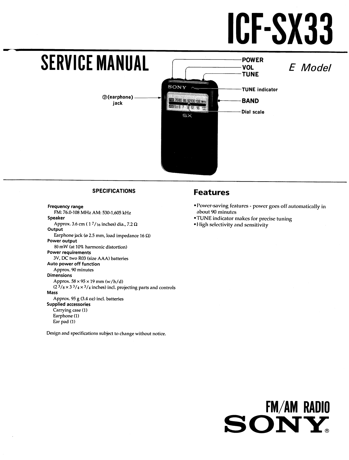 Sony ICFSX-33 Service manual