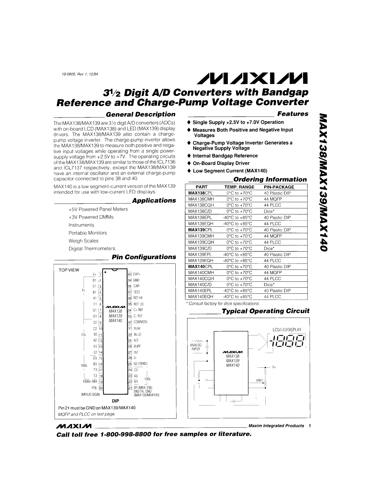 Maxim MAX140EQH, MAX140EPL, MAX140CQH, MAX140CPL, MAX140CMH Datasheet