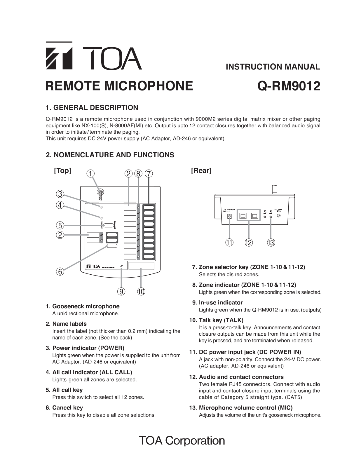 TOA Q-RM9012PS Users Manual