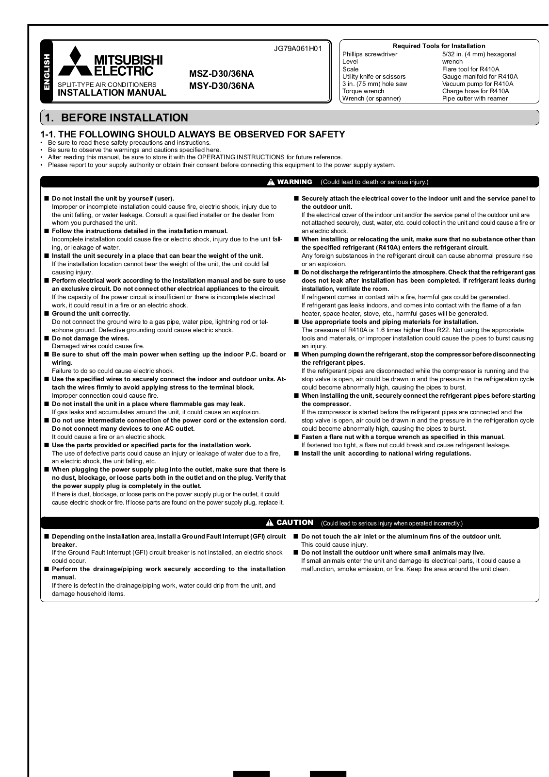 Mitsubishi Electronics MSZ-D30-36NA, MSY-D30-36NA User Manual