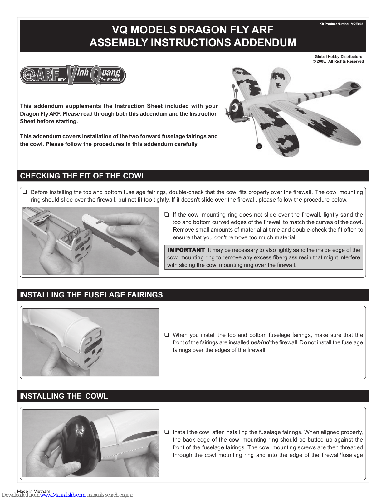 Vinh Quang VQE005 Dragon Fly Assembly Instructions Addendum