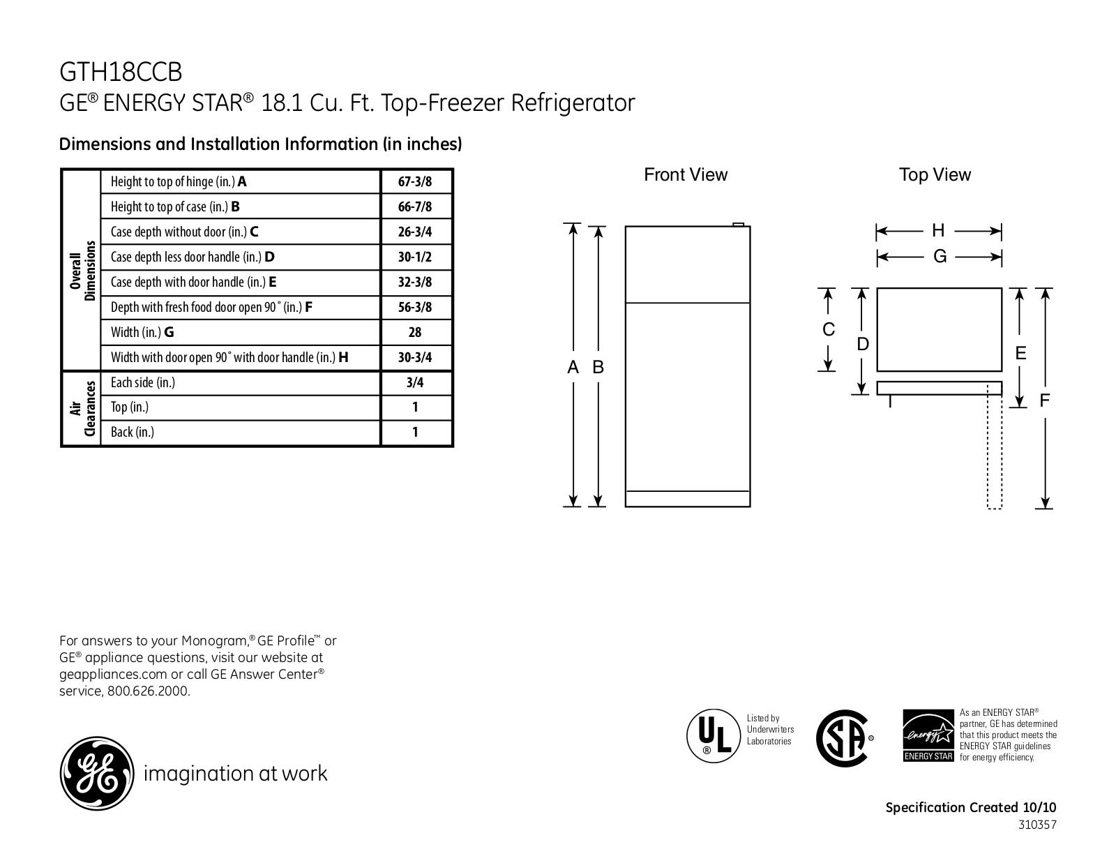 GE GTH18CCB Specification