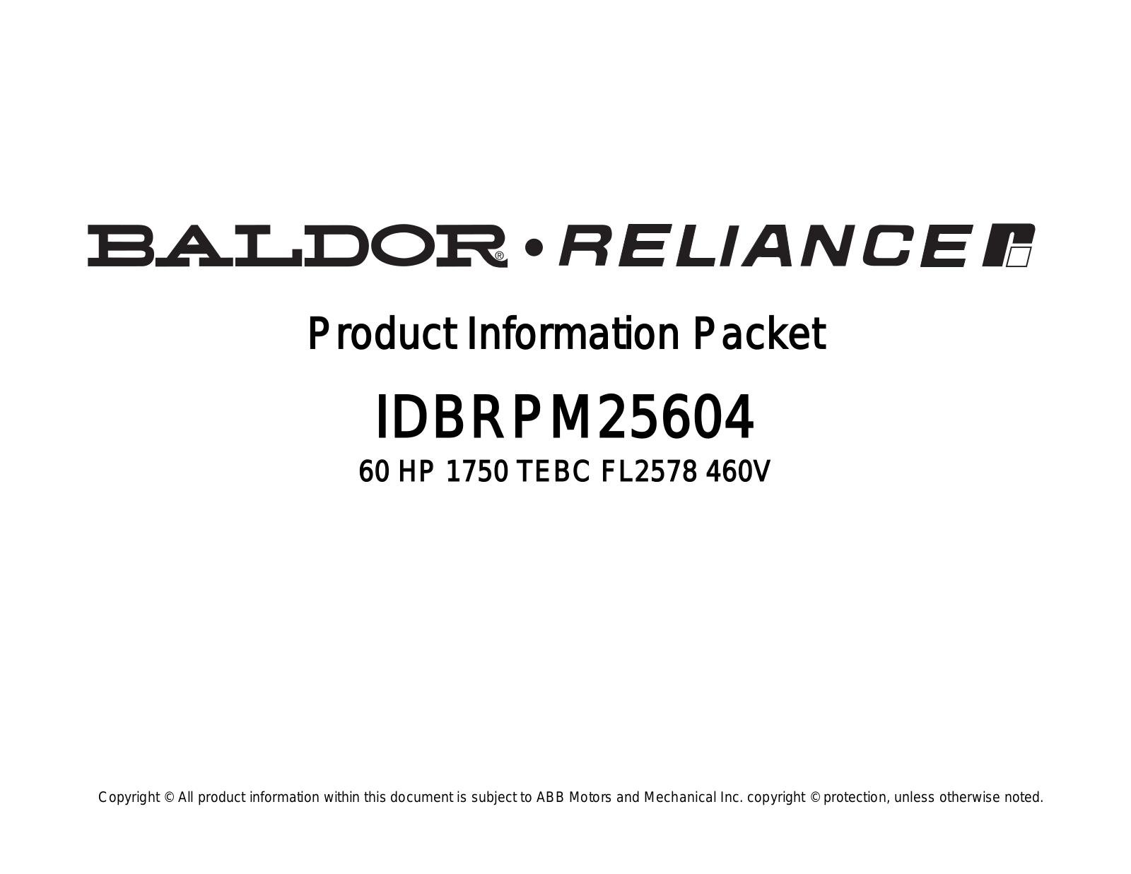 Baldor IDBRPM25604 Product Information Sheet