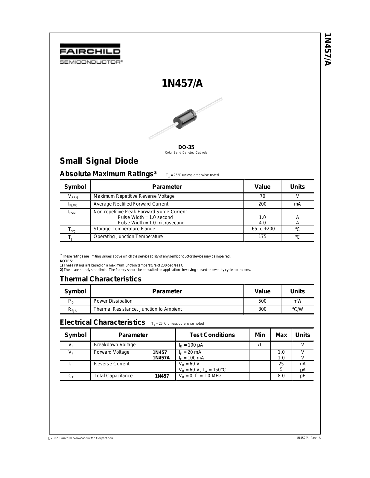 Fairchild Semiconductor 1N457, 1N457A Datasheet