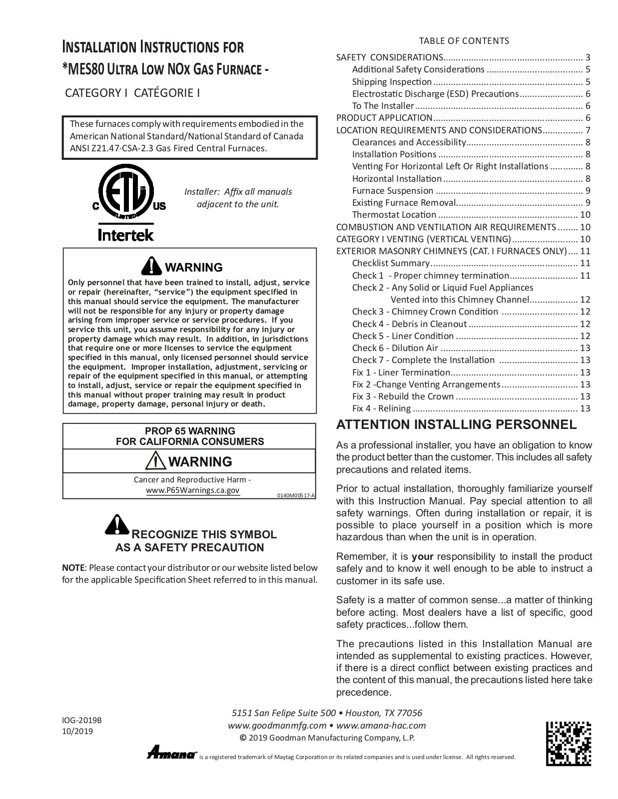 Intertek MES80 Installation Instructions Manual