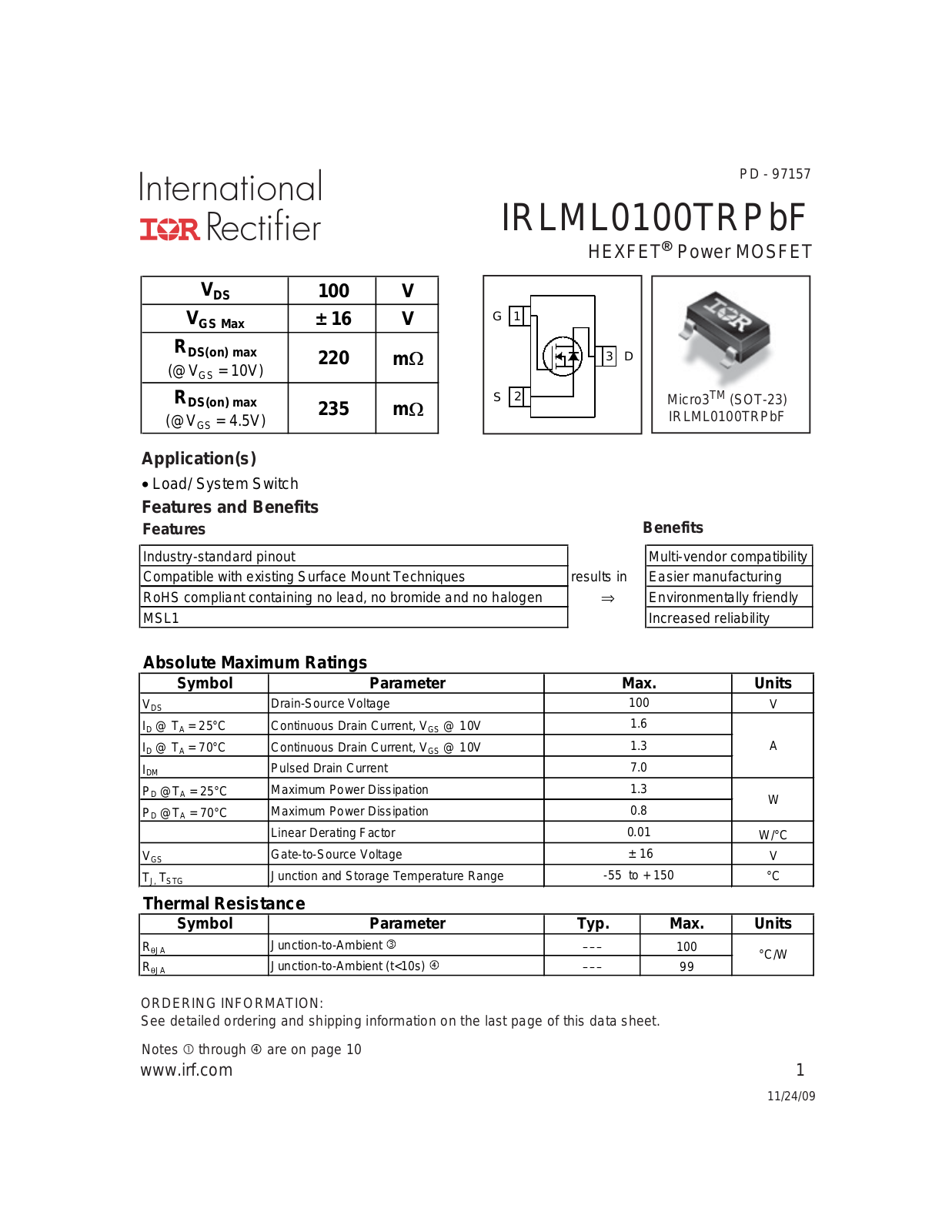 Datasheet IRLML 0100 Datasheet - ManualMachine.com