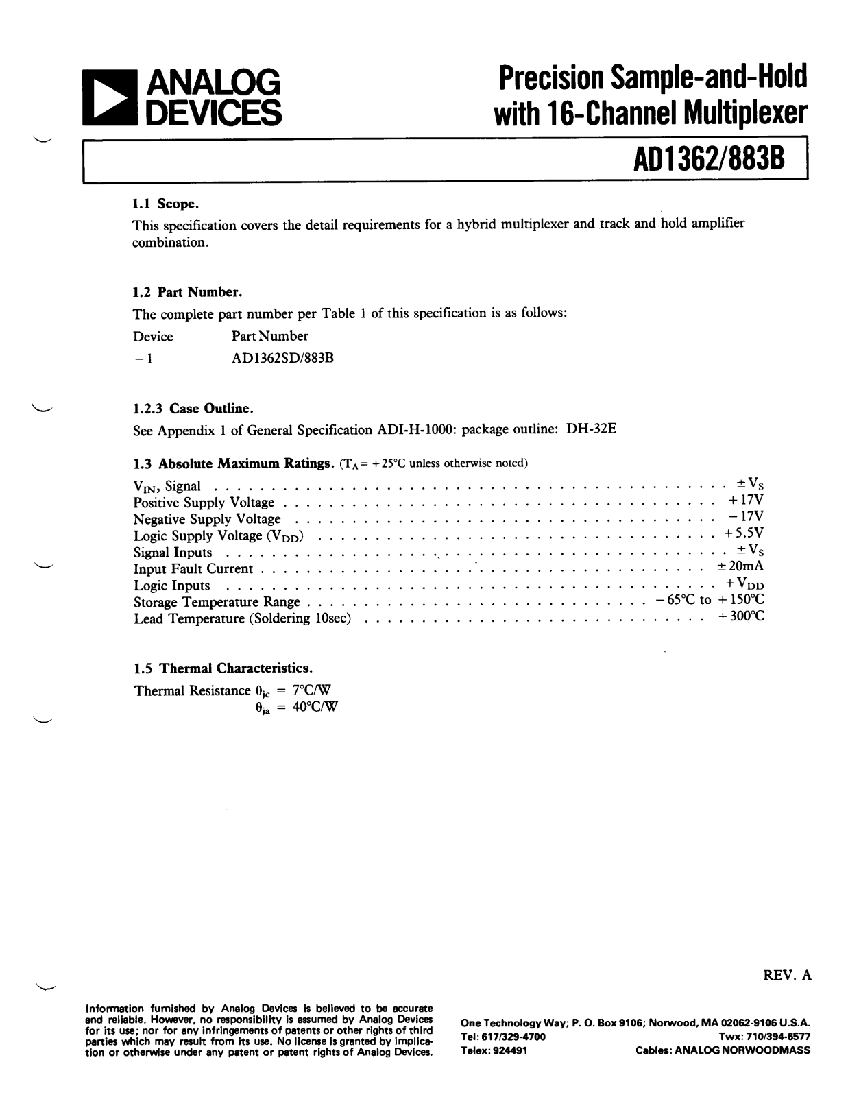 Analog Devices AD1362 883B a Datasheet