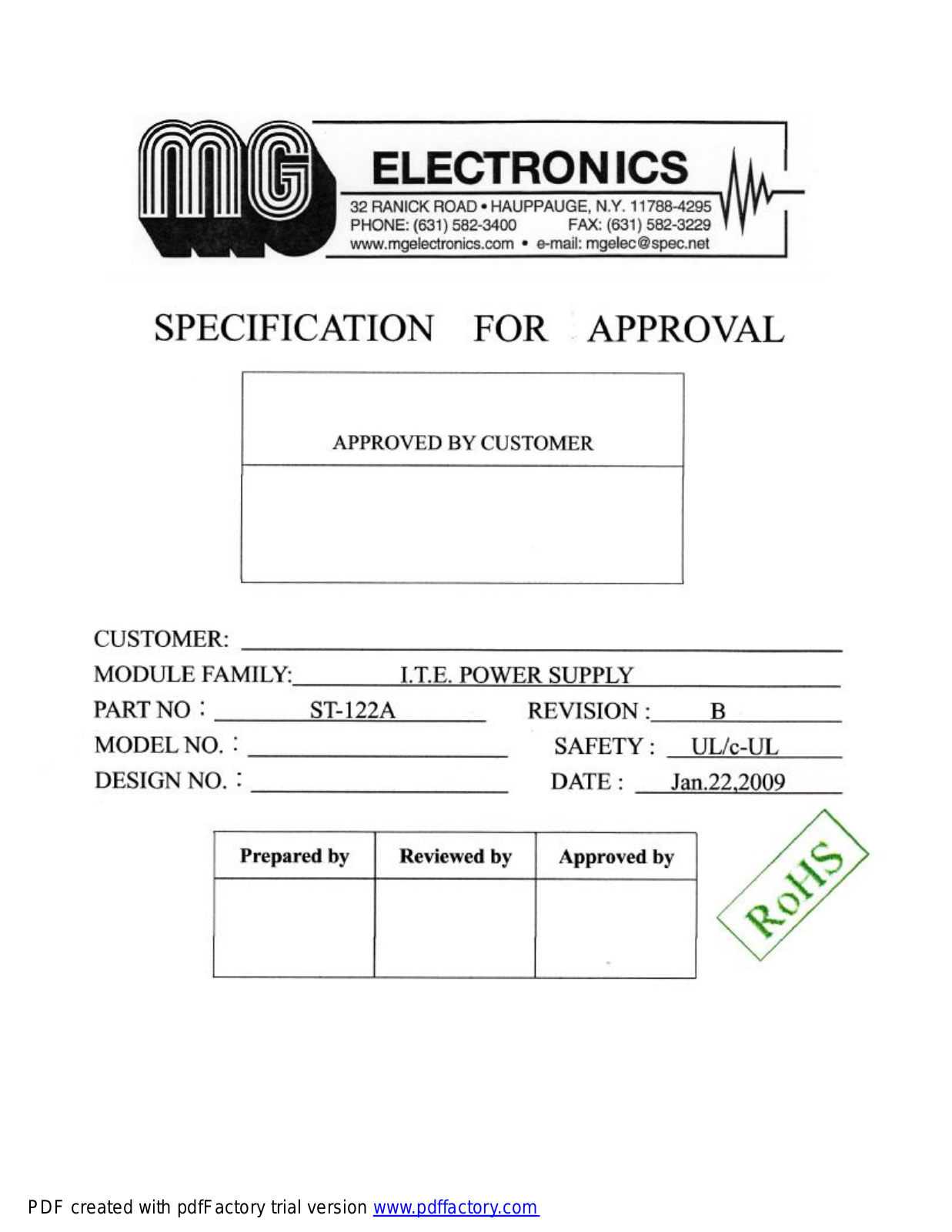 MG Electronics ST-122A Specsheet - ManualMachine.com