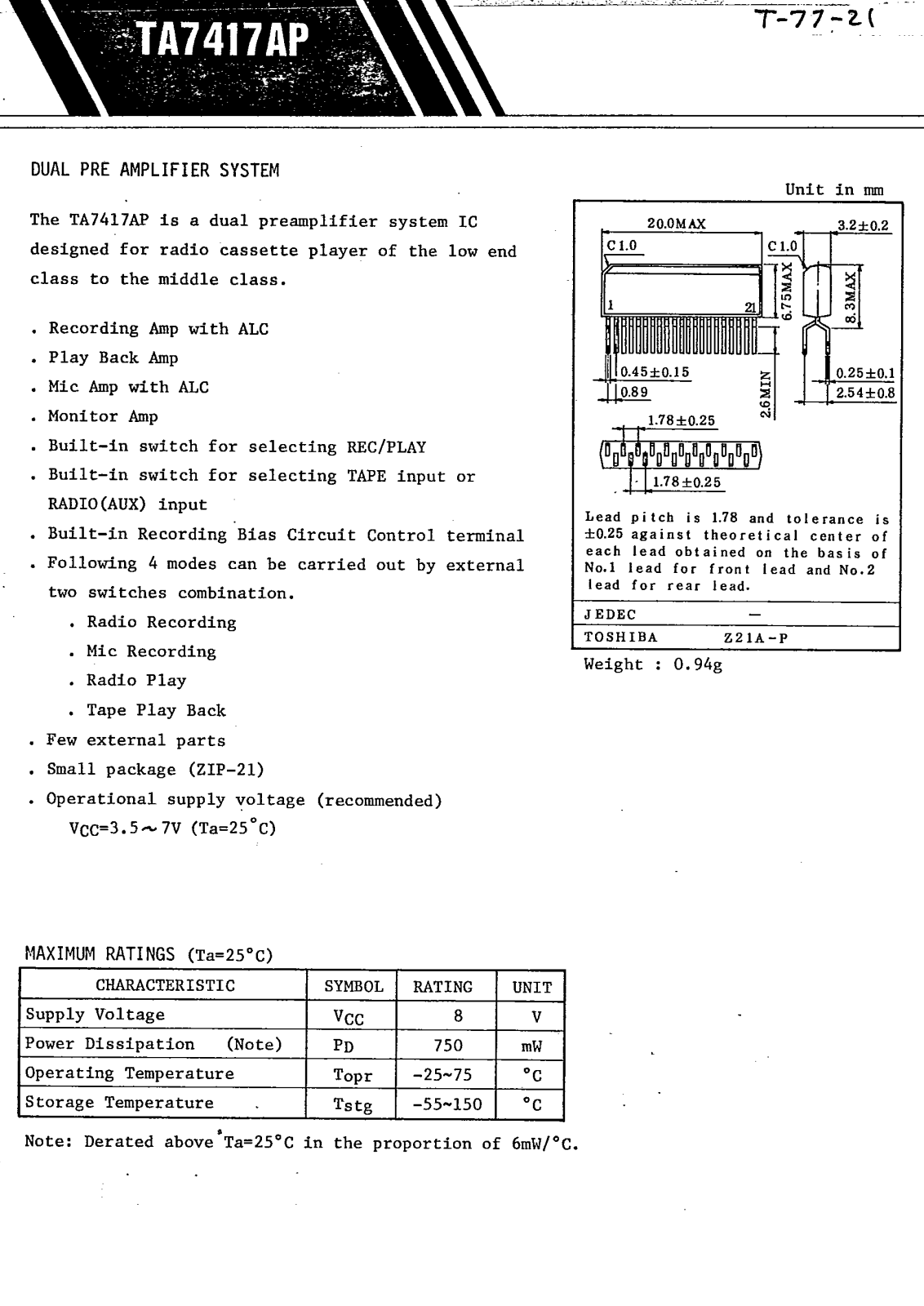 Datasheet TA7417AP Specification - ManualMachine.com