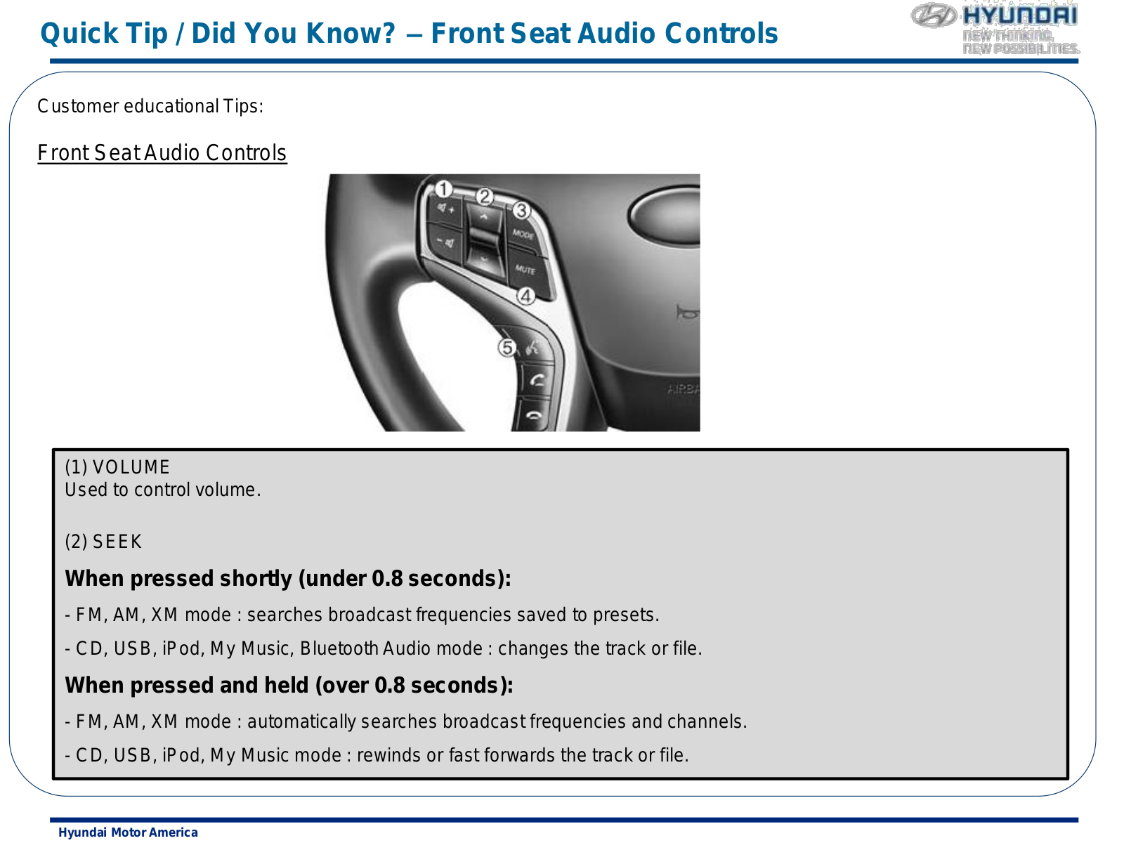 Hyundai Azera Front Seat Audio Controls 2015 Owner's Manual