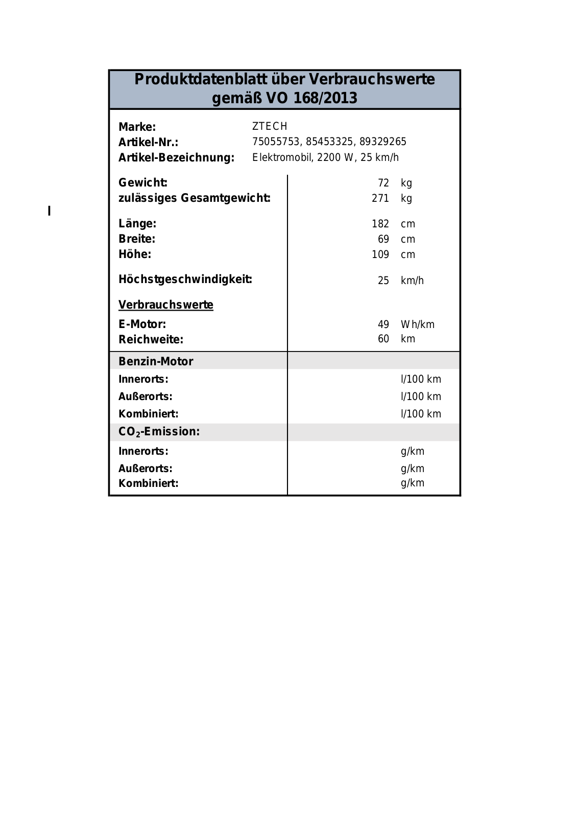 ZTECH X3 Technical data