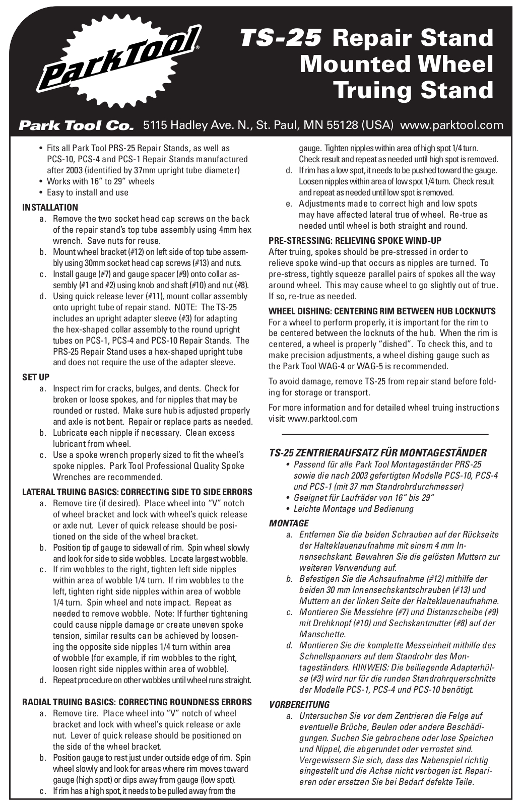 Park Tool TS-25 User Manual