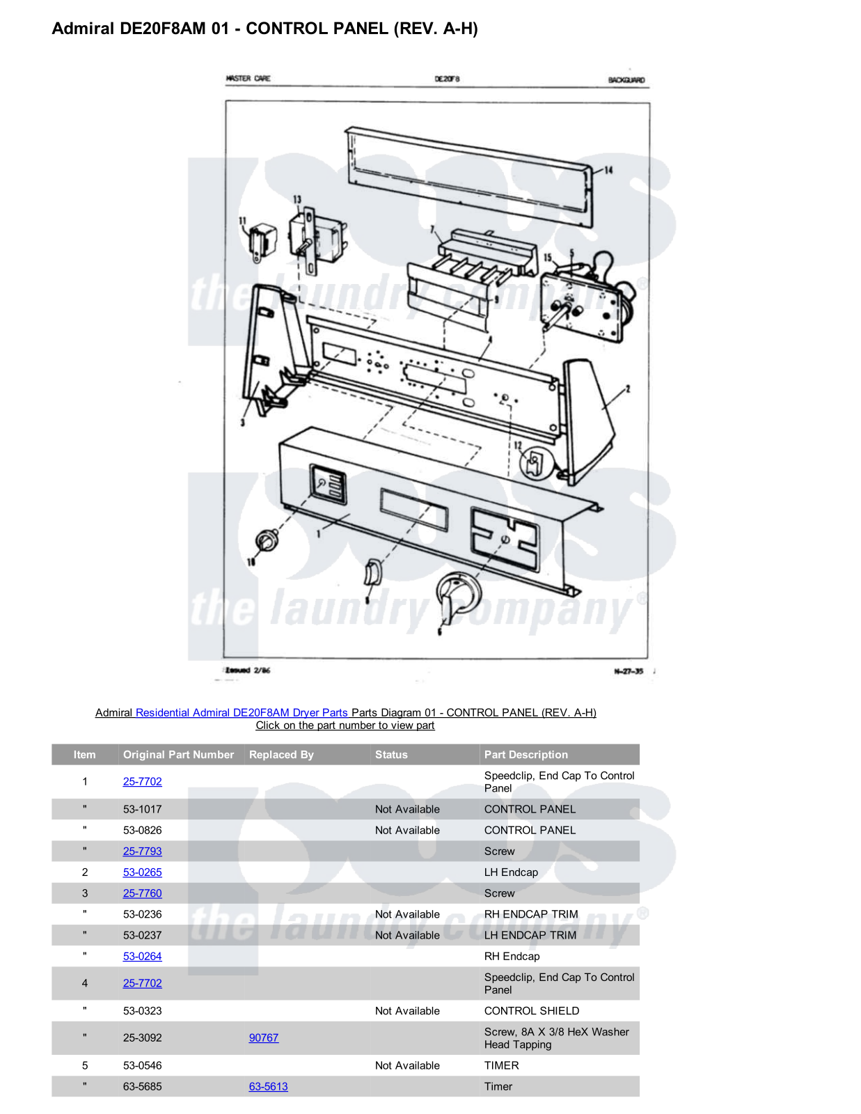 Admiral DE20F8AM Parts Diagram