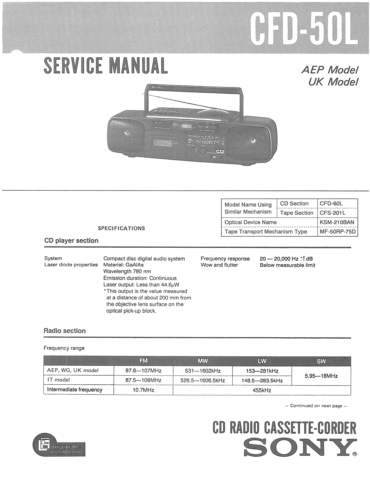 Sony CFD-50-L Service manual