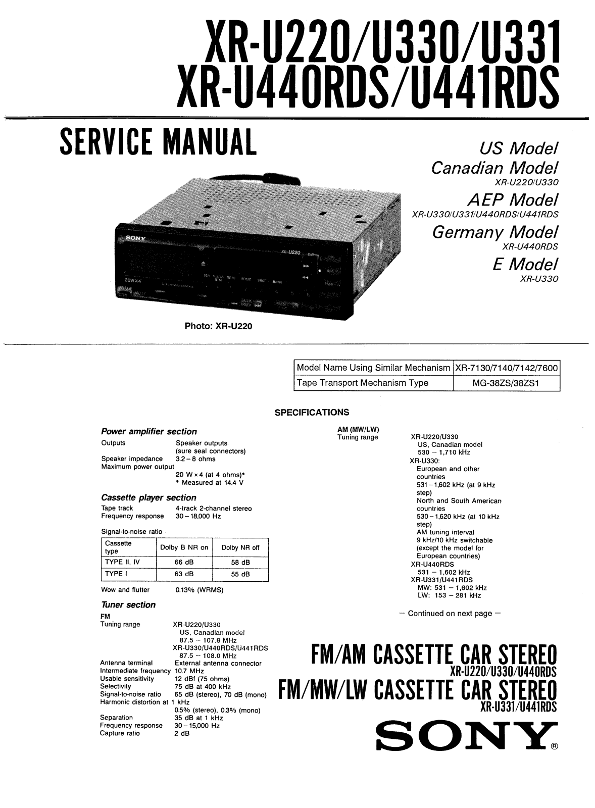 Sony XRU-441-RDS Service manual