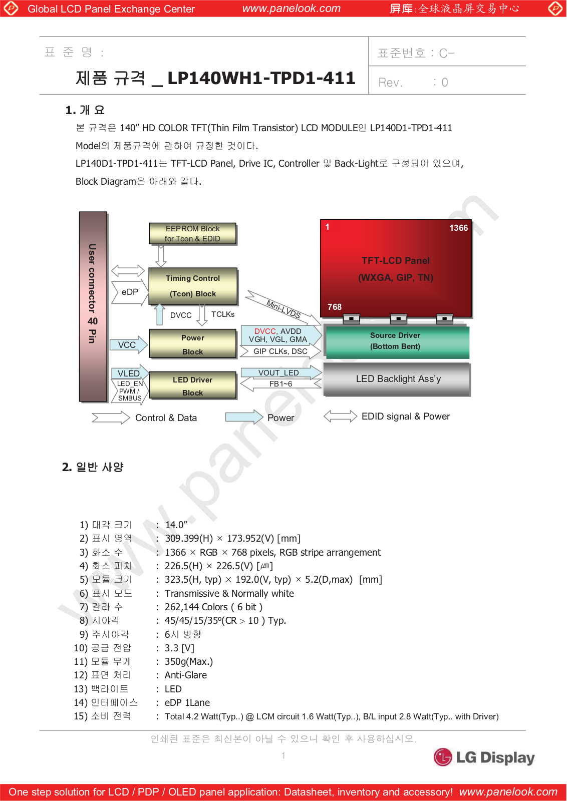 LG Display LP140WH1-TPD1 Specification