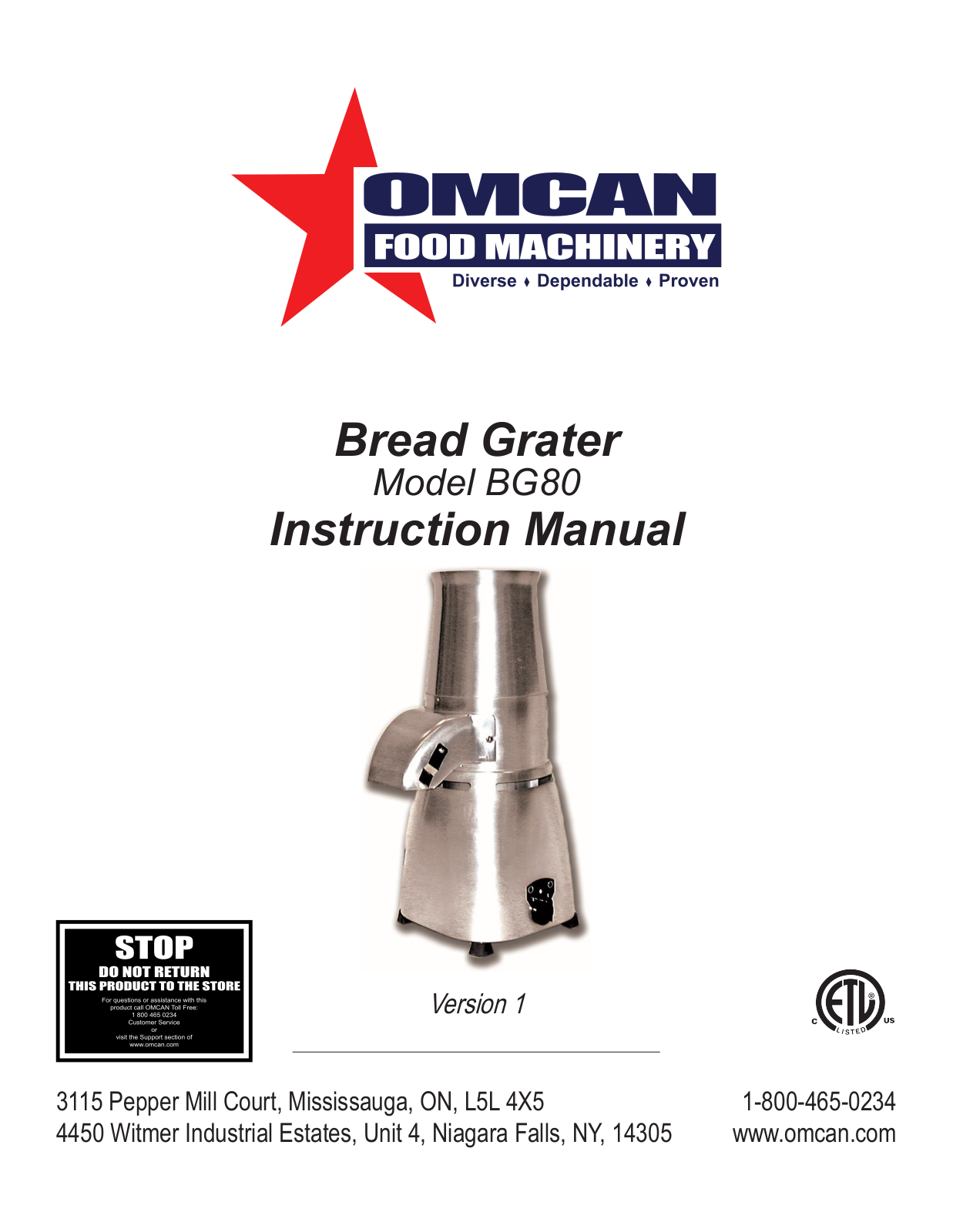 Omcan Food Machinery BG80 Installation  Manual