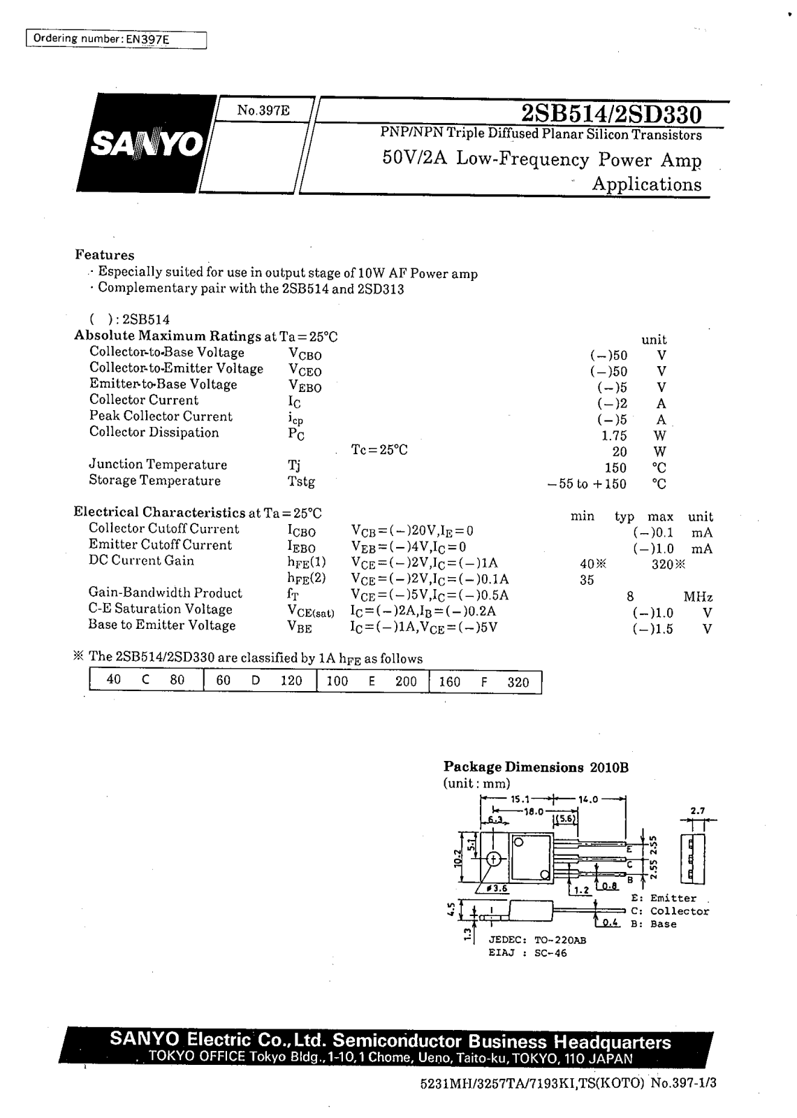 SANYO 2SD330, 2SB514 Datasheet