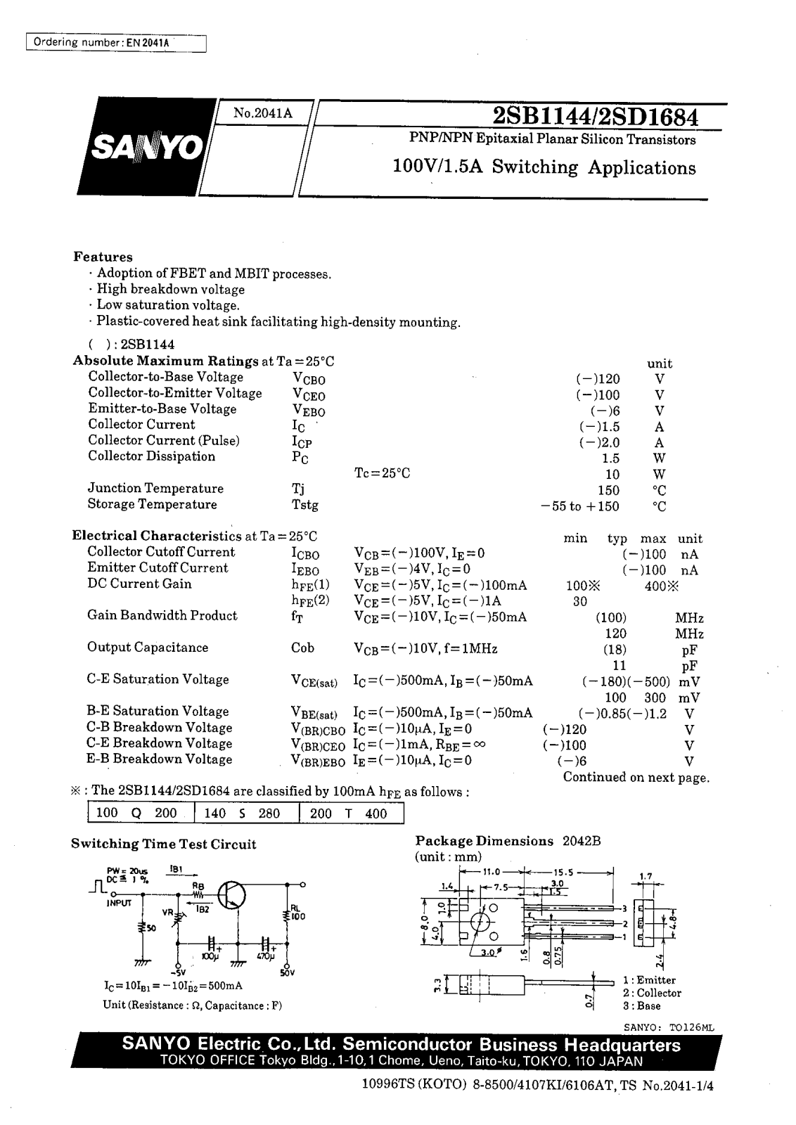 SANYO 2SD1684, 2SB1144 Datasheet