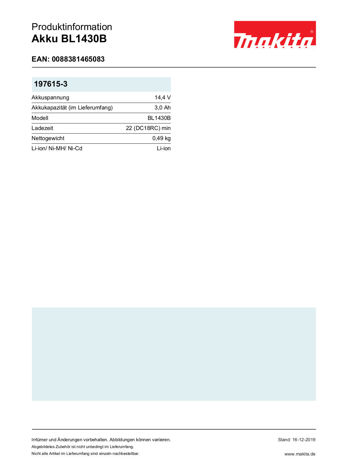 Makita BL1430B Technical data