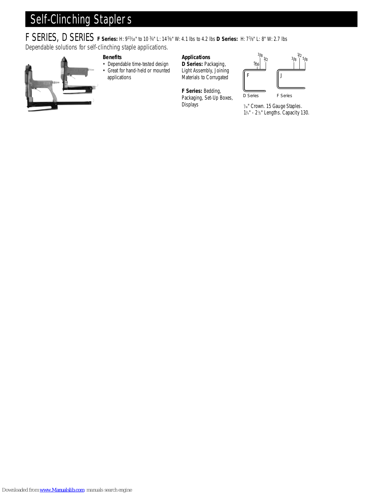 Senco Self-Clinching Stapler D,F SERIES,D SERIES Specification Sheet