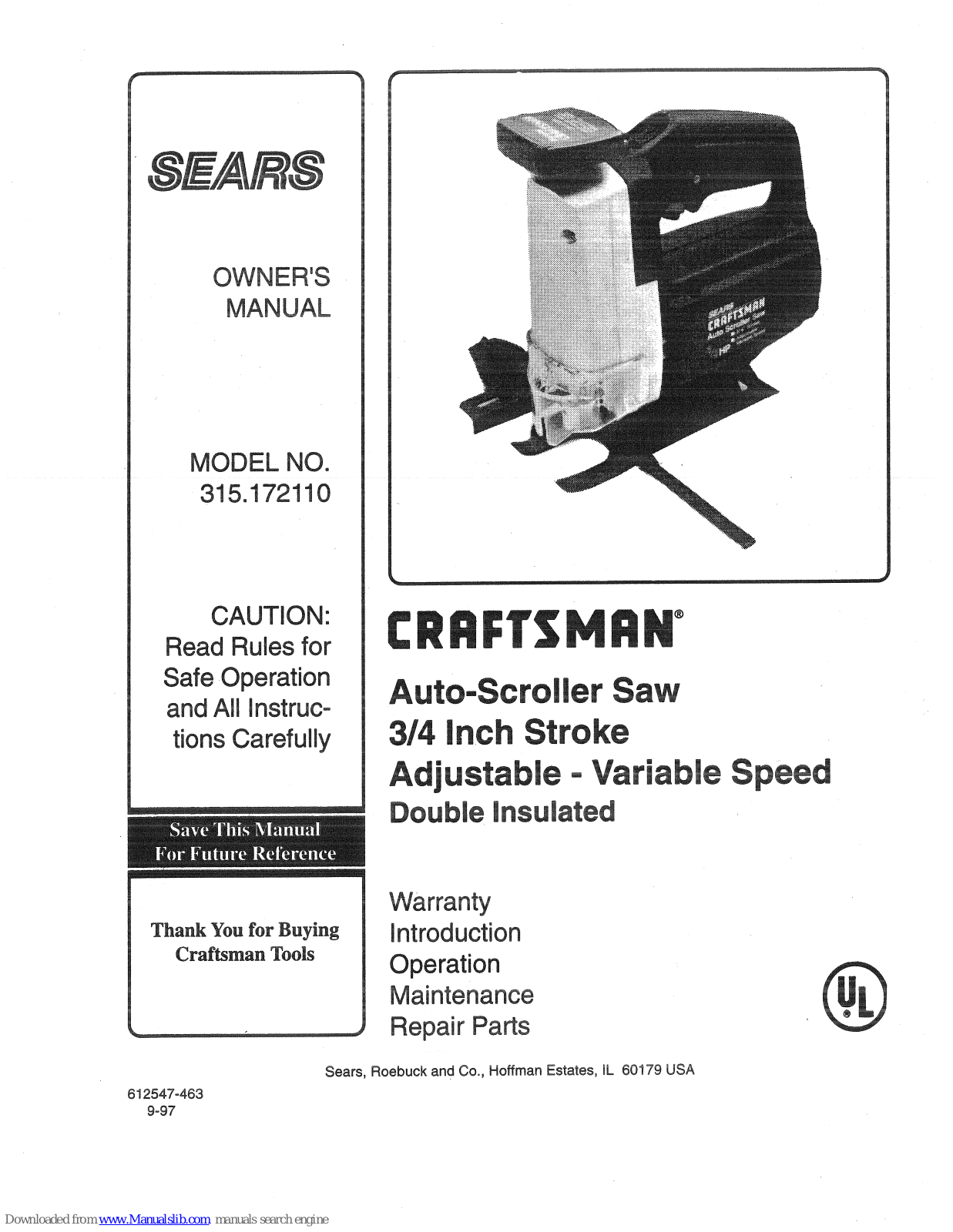 Sears 315.172110 Owner's Manual