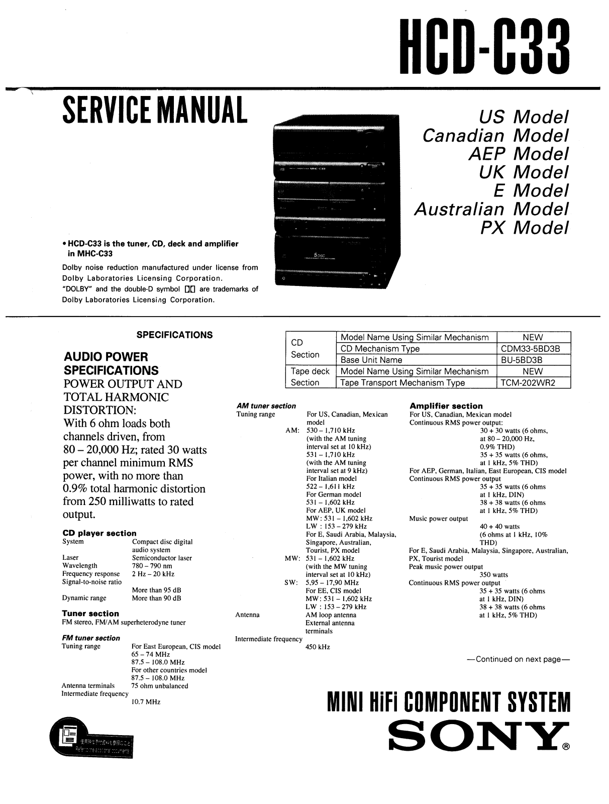 Sony HCD C33 Service Manual