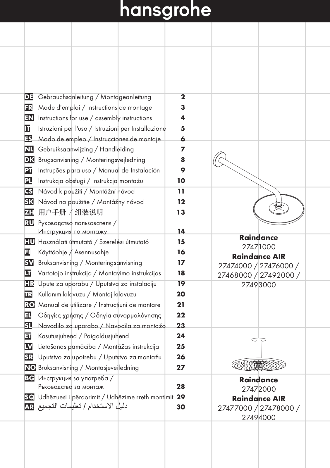 Hansgrohe 27471000, 27474000, 27476000, 27468000, 27492000 User guide