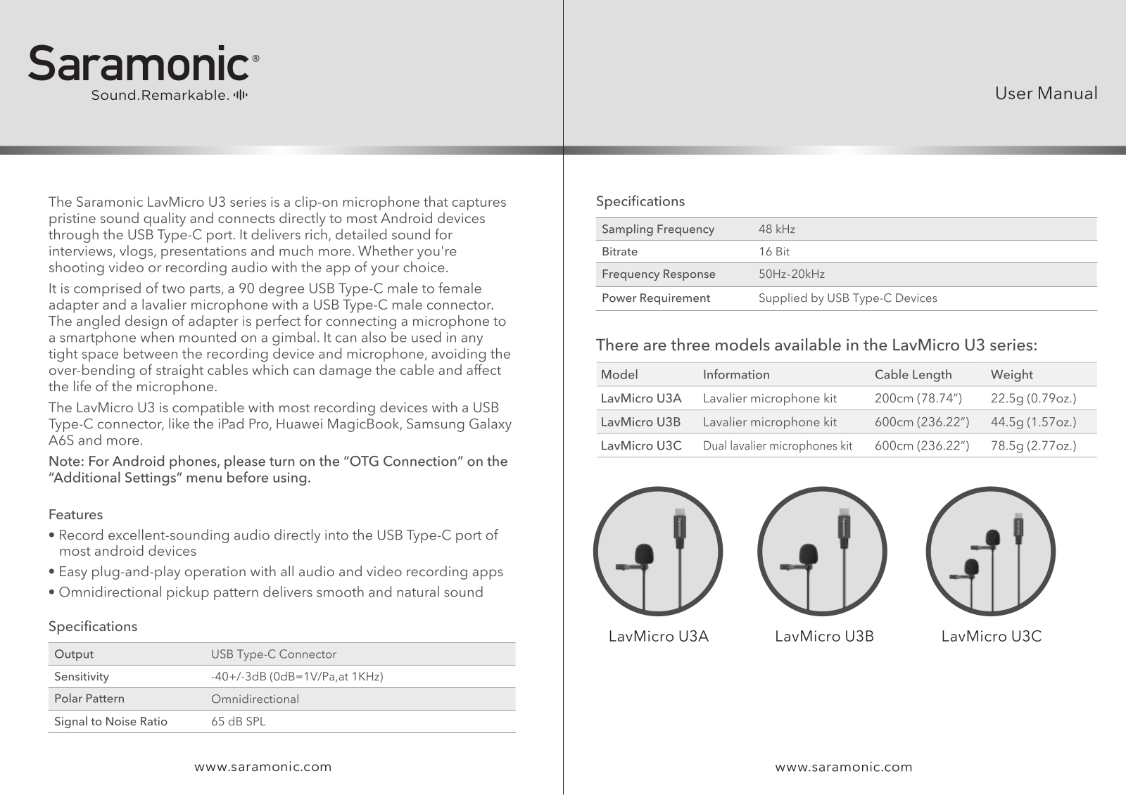 Saramonic Lavmicro U3a, Lavmicro U3c, Lavmicro U3b Users manual