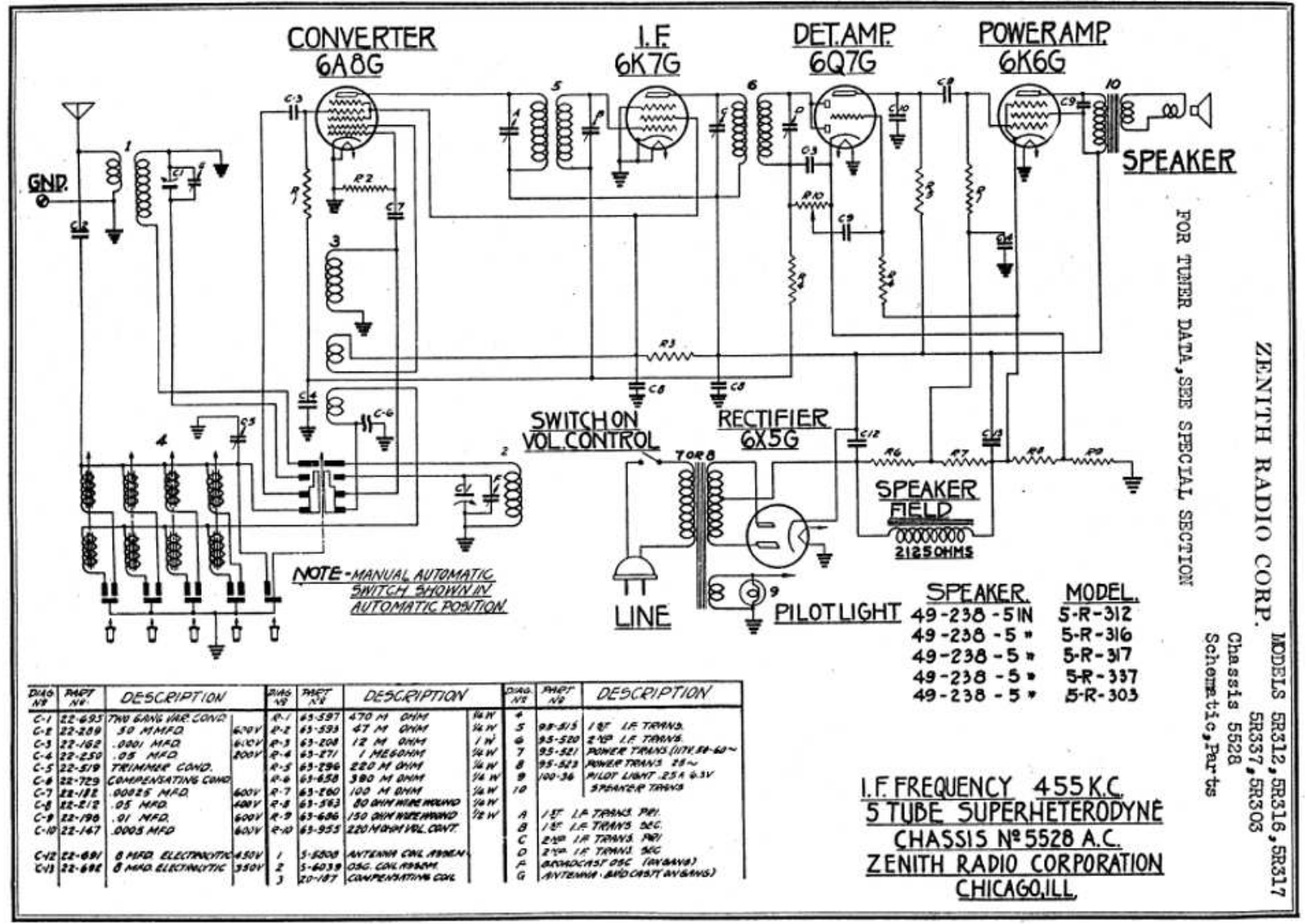 Zenith 5r312, 5r316, 5r317, 5r337, 5r303 schematic