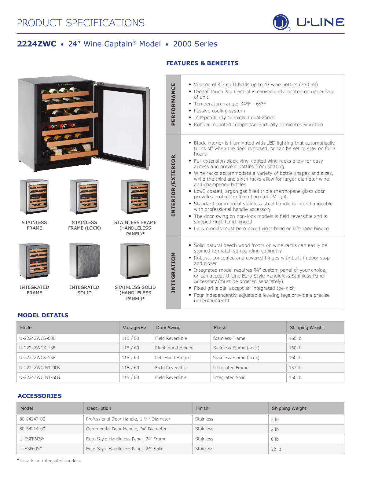 U-Line U2224ZWCS13B, U2224ZWCINT60B PRODUCT SPECIFICATIONS