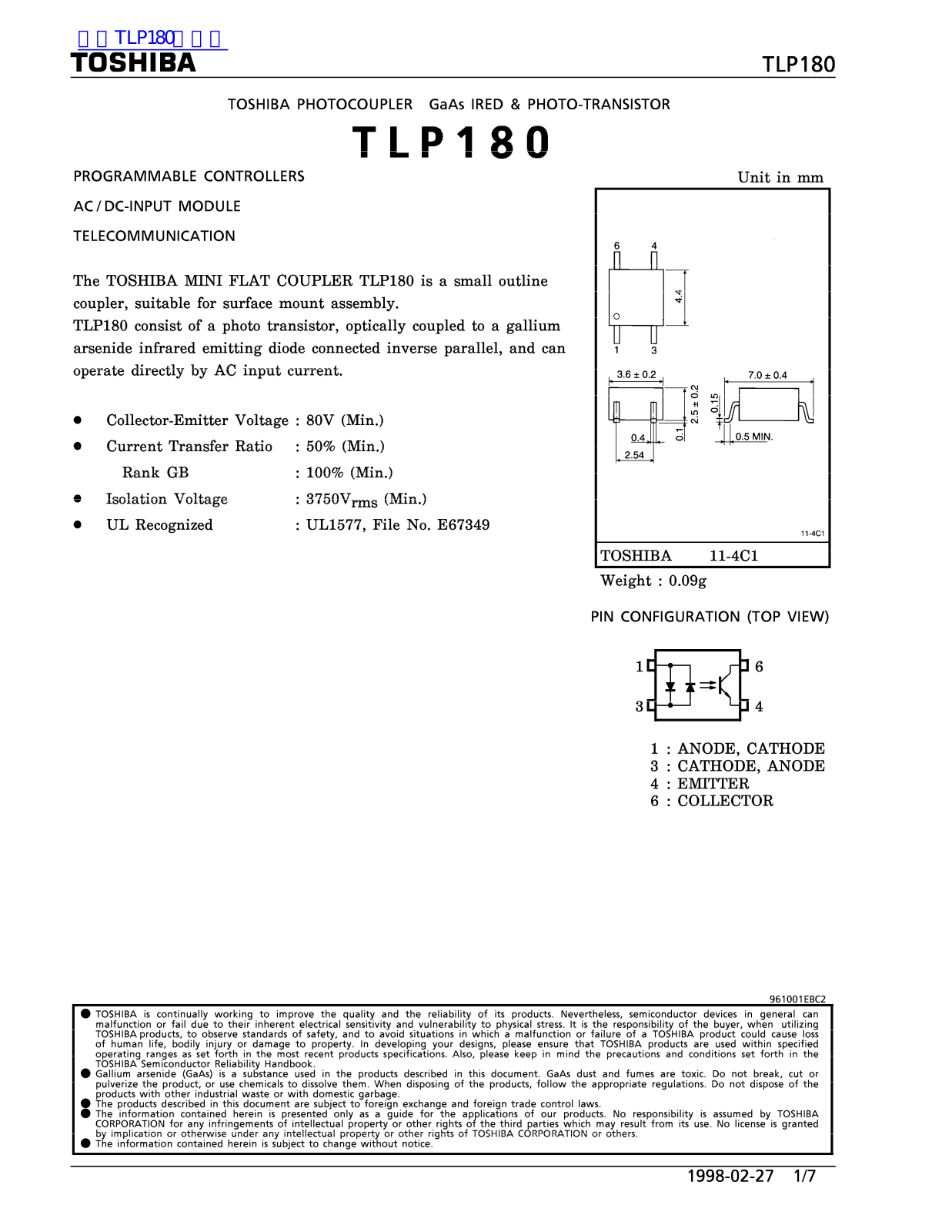 TOSHIBA TLP180 Technical data