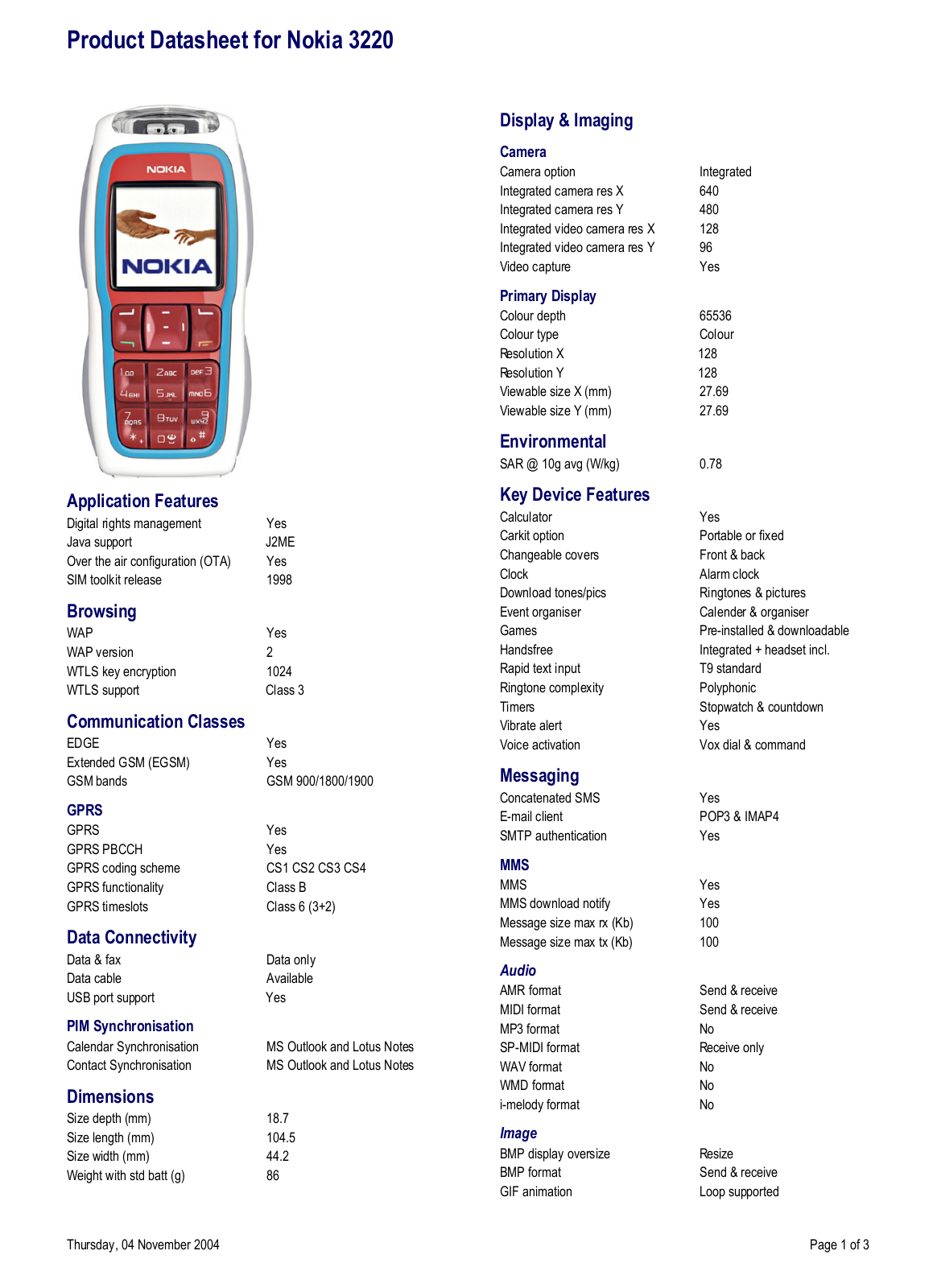 Nokia 3220 DATASHEET