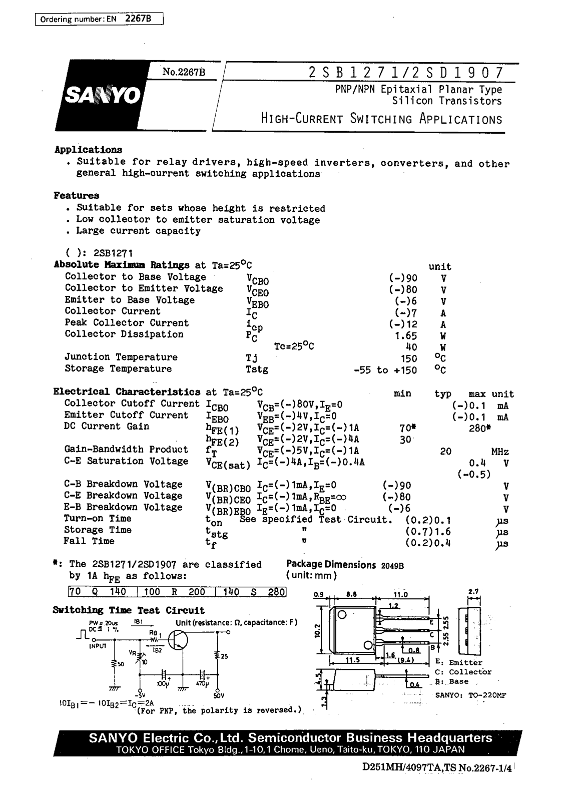 SANYO 2SD1907, 2SB1271 Datasheet