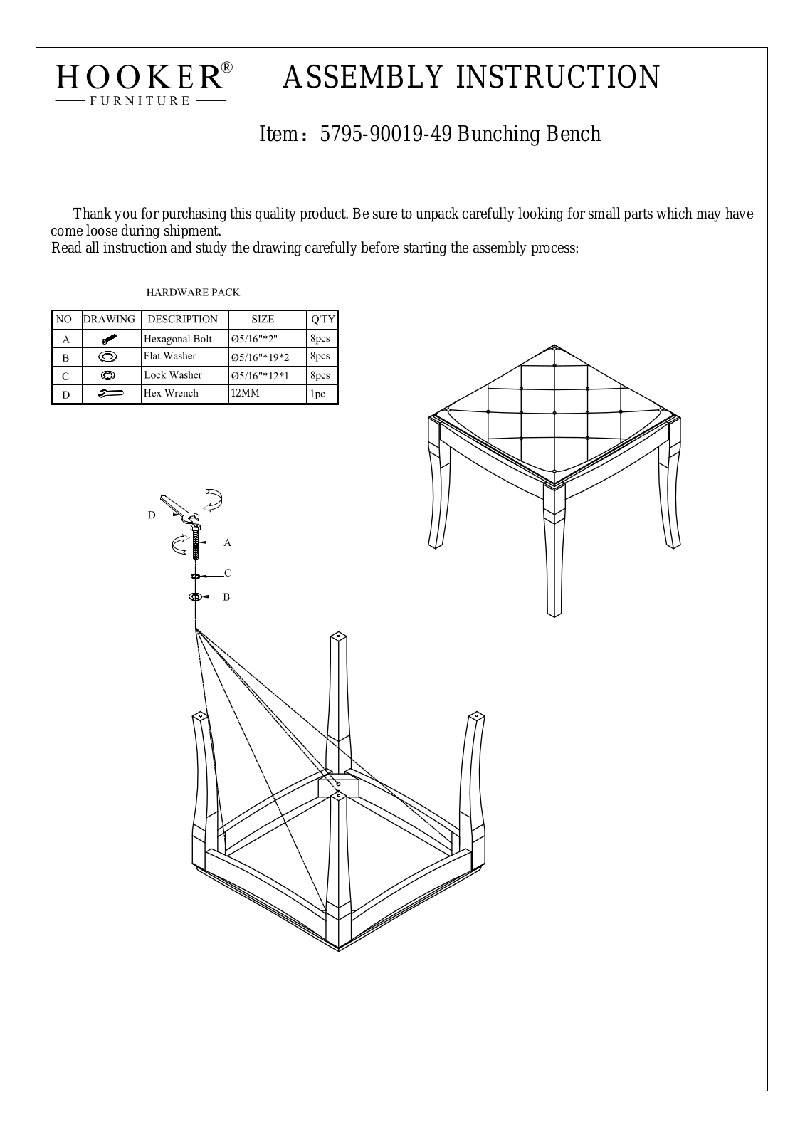 Hooker Furniture 57959001949 Assembly Guide