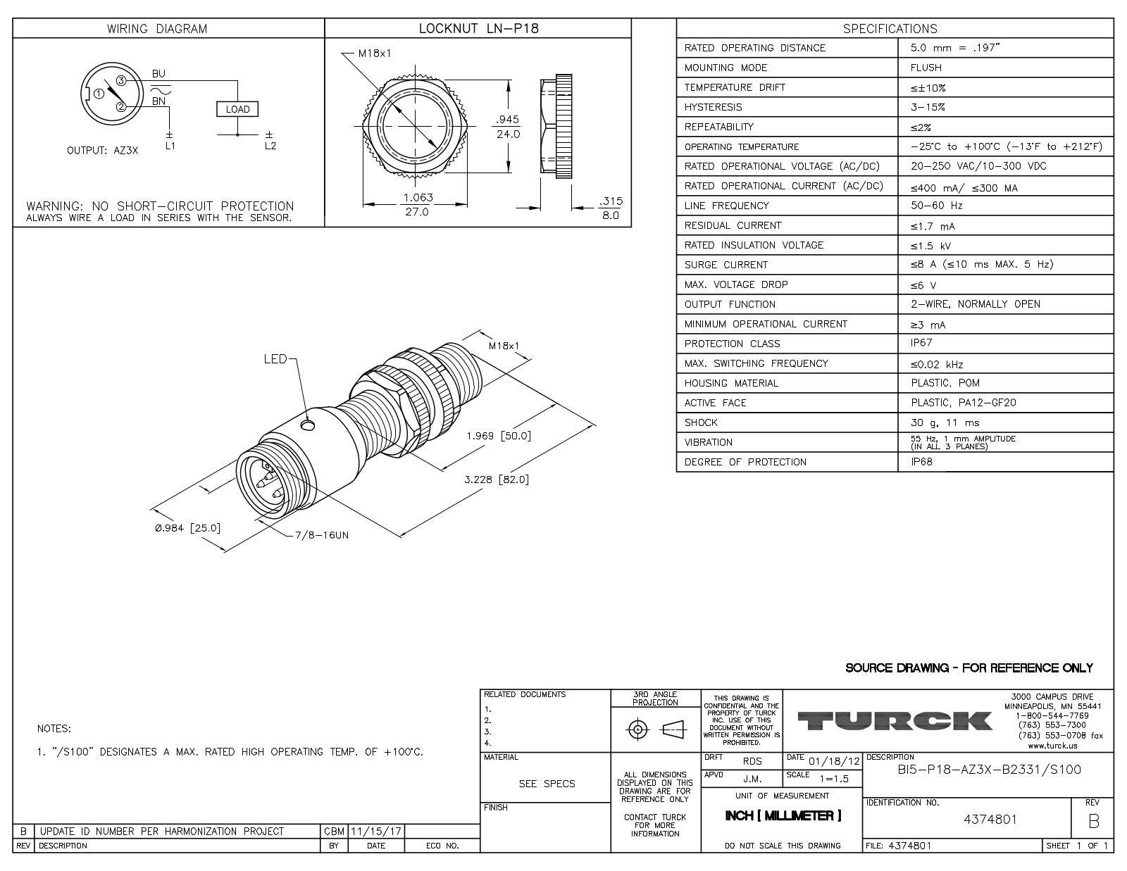 Turck BI5-P18-AZ3X-B2331/S100 Data Sheet