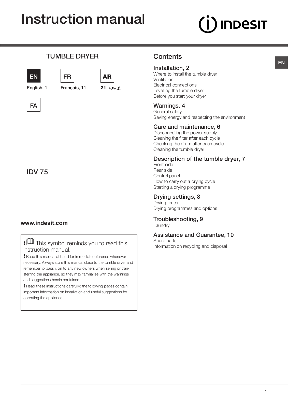 INDESIT IDV 75 (KW) User Manual