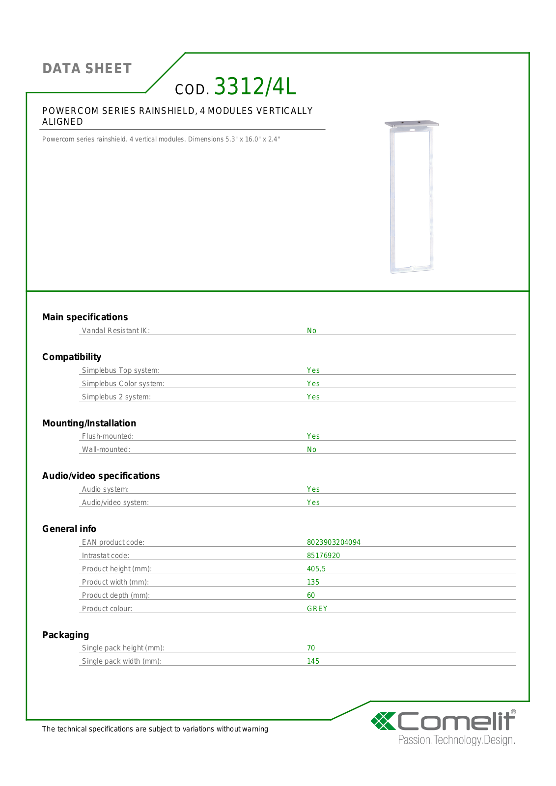 Comelit 3312-4L Specsheet