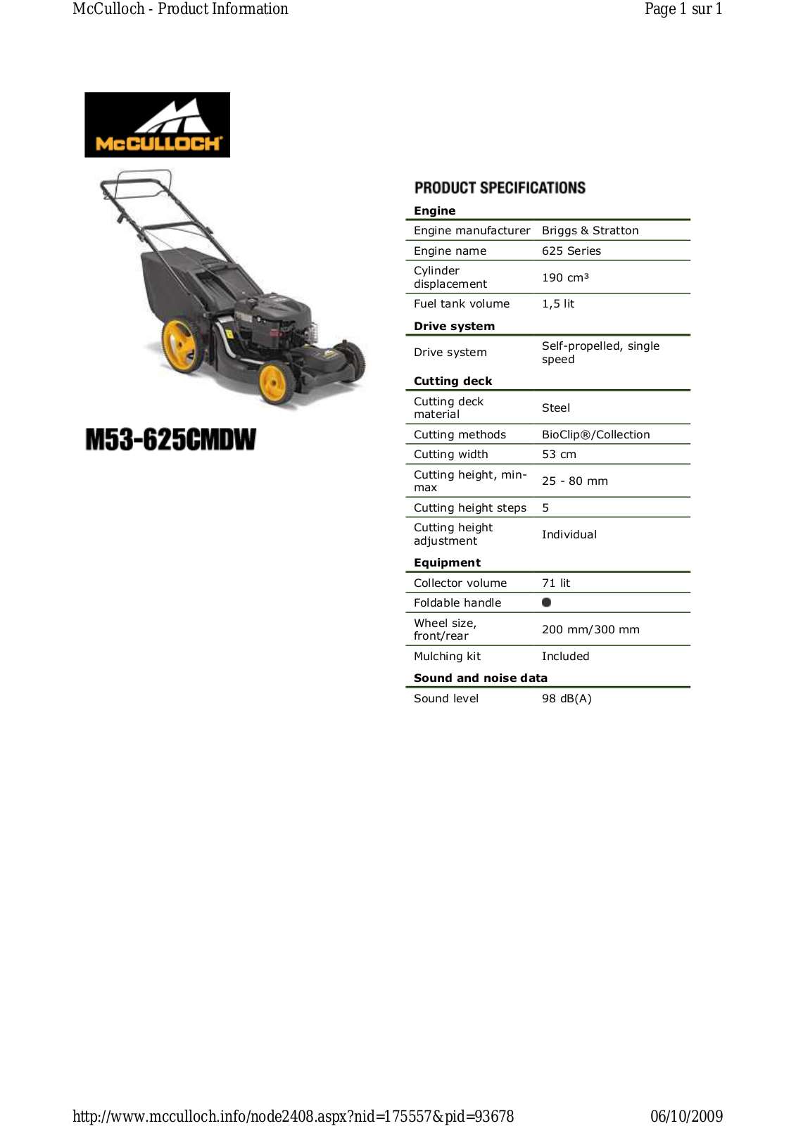 Mc culloch M53-625CMDW TECHNICAL SPECIFICATIONS