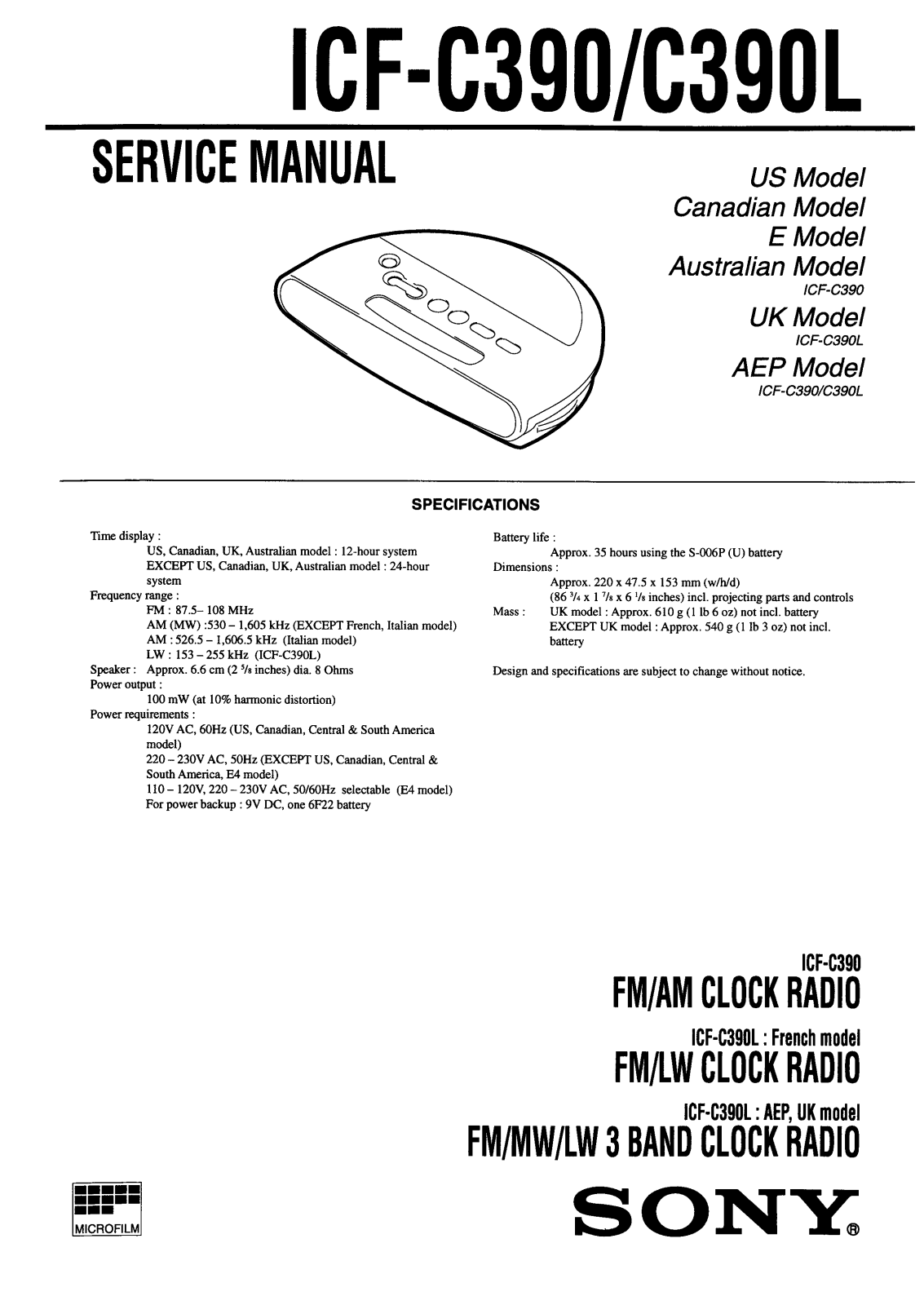 Sony ICFC-390 Service manual