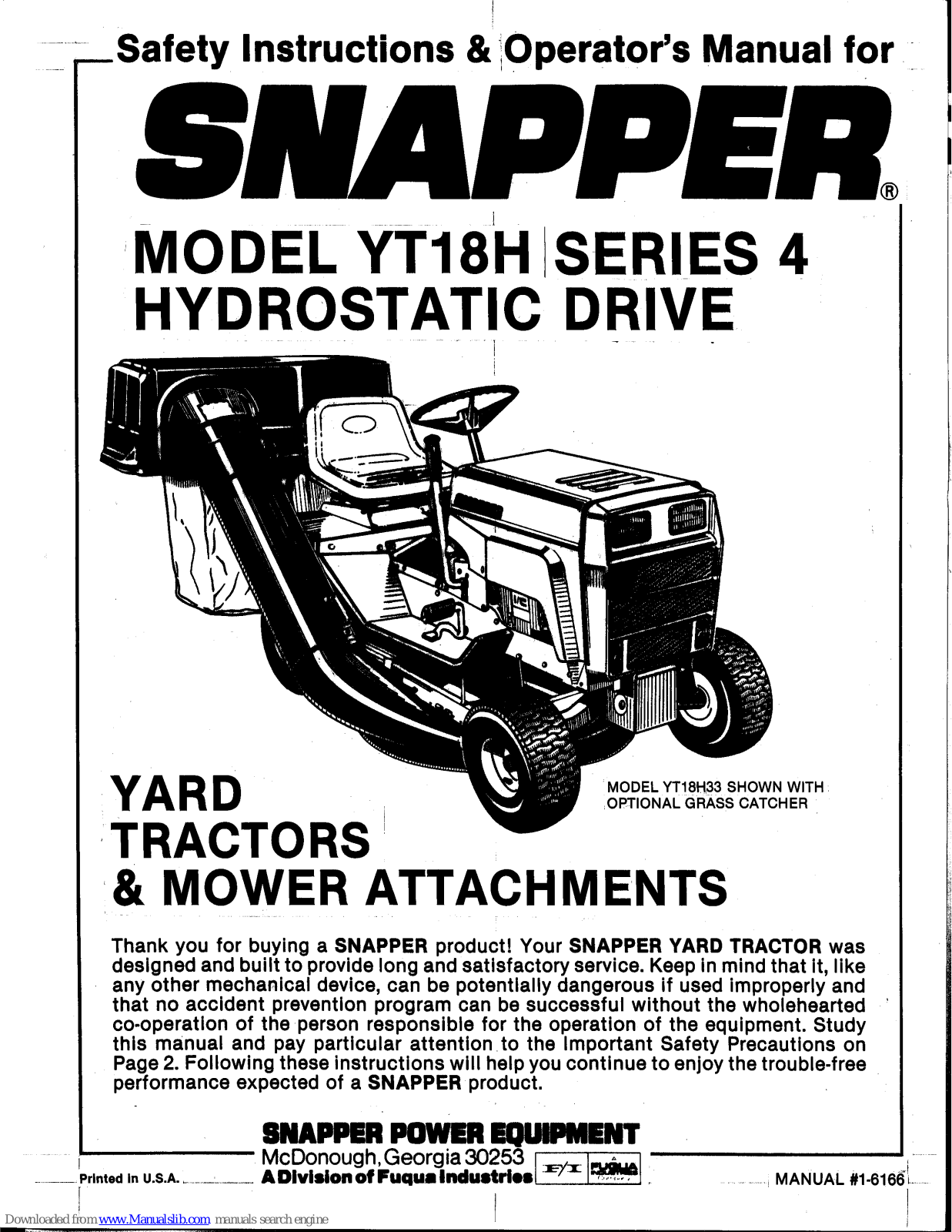 Snapper YT18H33, YT18H41, YT18H48 Safety Instructions & Operator's Manual