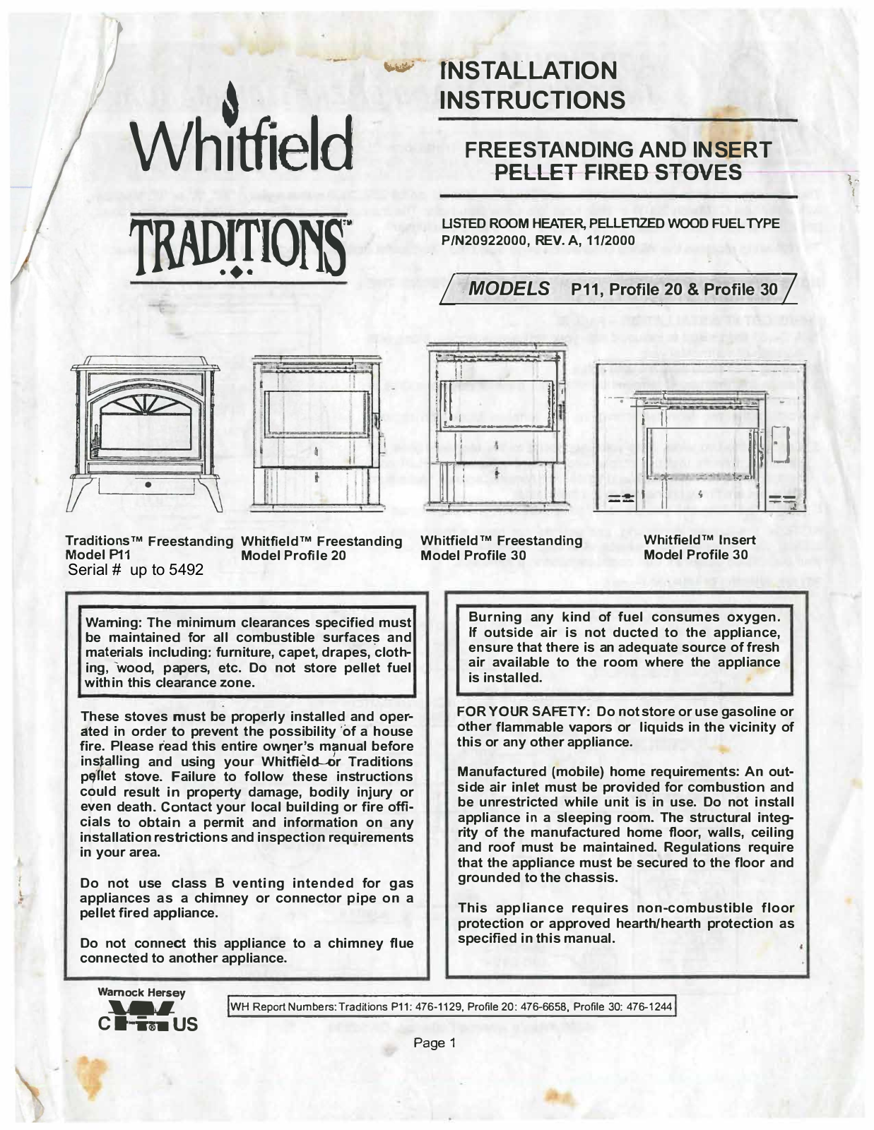 Lennox Traditions Freestanding P11, Whitfield Freestanding Profile 30, Whitfield Insert Profile 30, Whitfield Freestanding Profile 20 Installation Instructions Manual