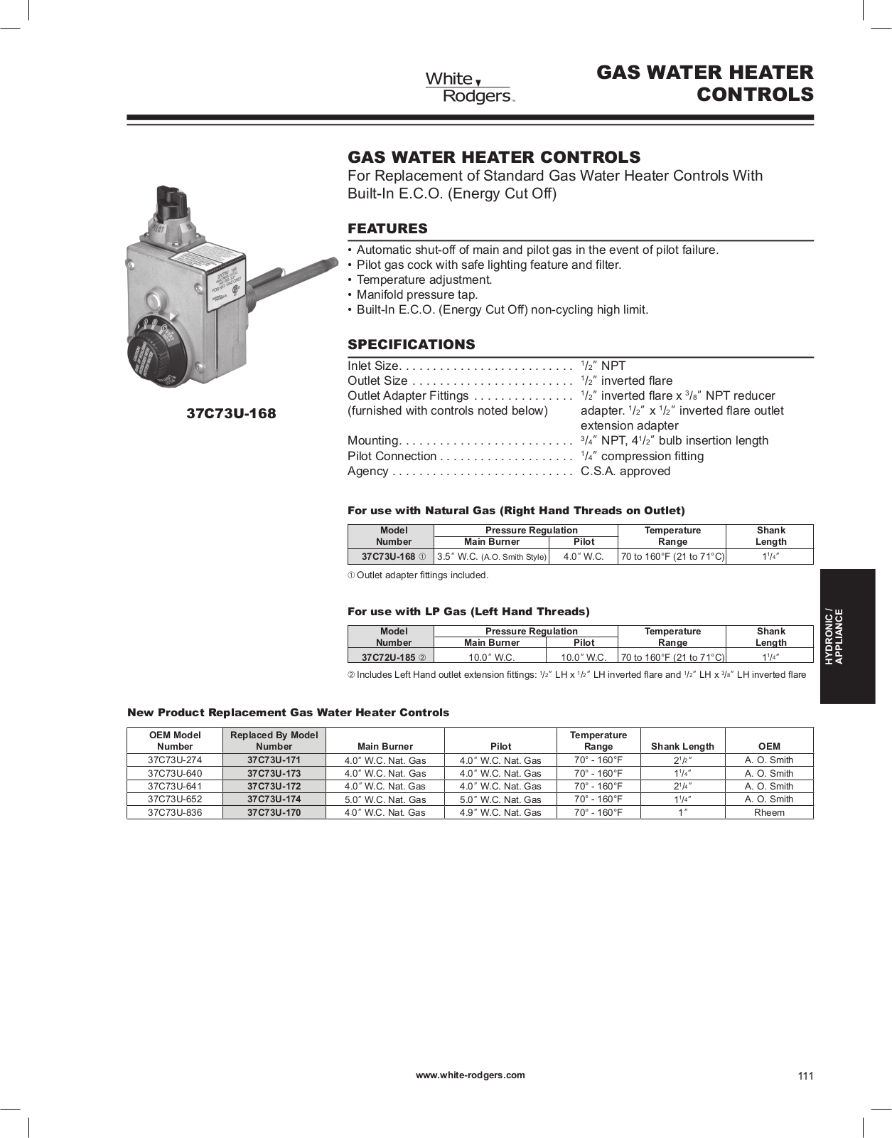 White Rodgers 37C72U-185, 37C73U-168 Catalog Page